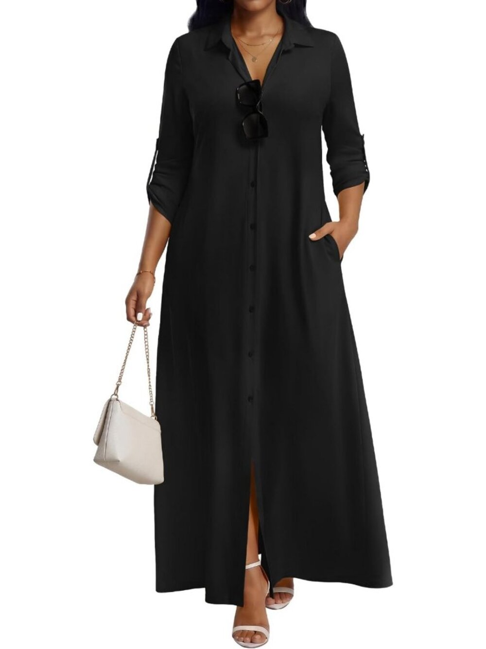 Chic Women's Roll-Up Long Sleeve Button-Down Casual Maxi Dress - Versatile Style